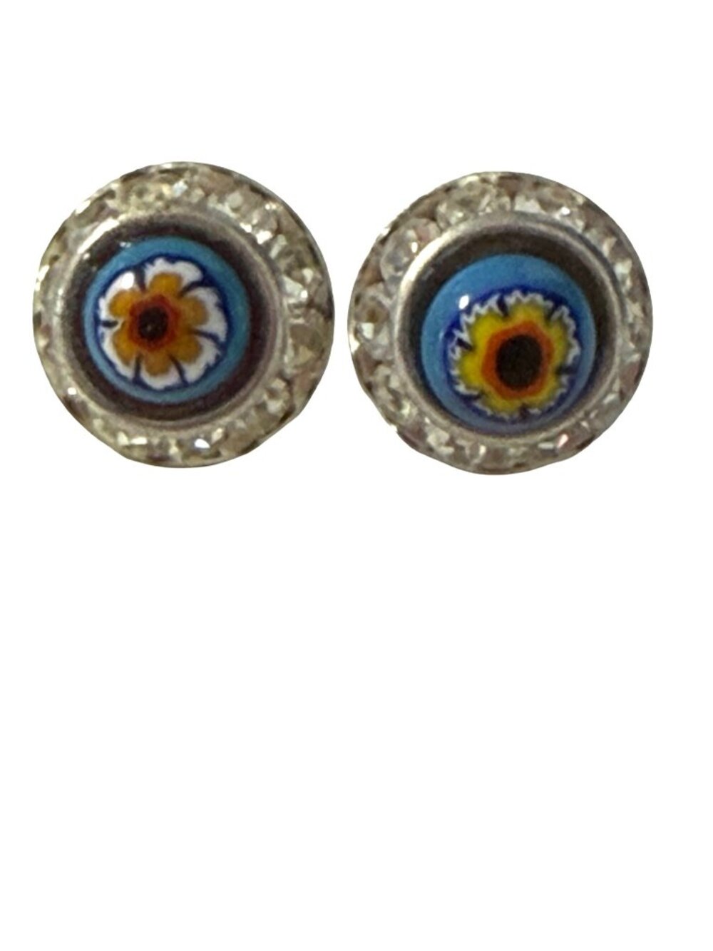 Vintage Millefiori Glass Flower Stud Earrings Small Rhinestone Halo Blue Floral